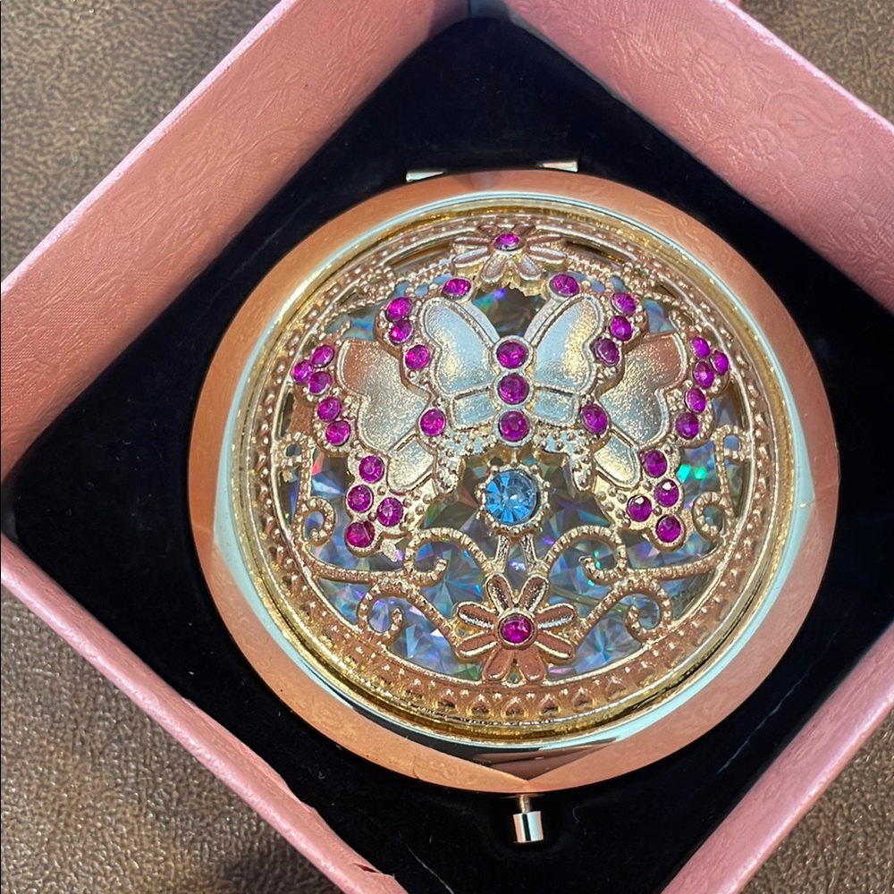 Compact mirror Gold Pink Butterfly Mirror makeup gems holiday Christmas gift